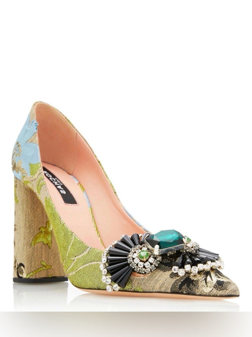 Rochas Paris Brocade Green Floral Embellished Pointy Pumps Size EU 40